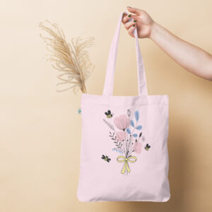 Floral Harmony: Empowered Organic Fashion Tote Bag with Blossom Bouquet and Buzzing Bees
