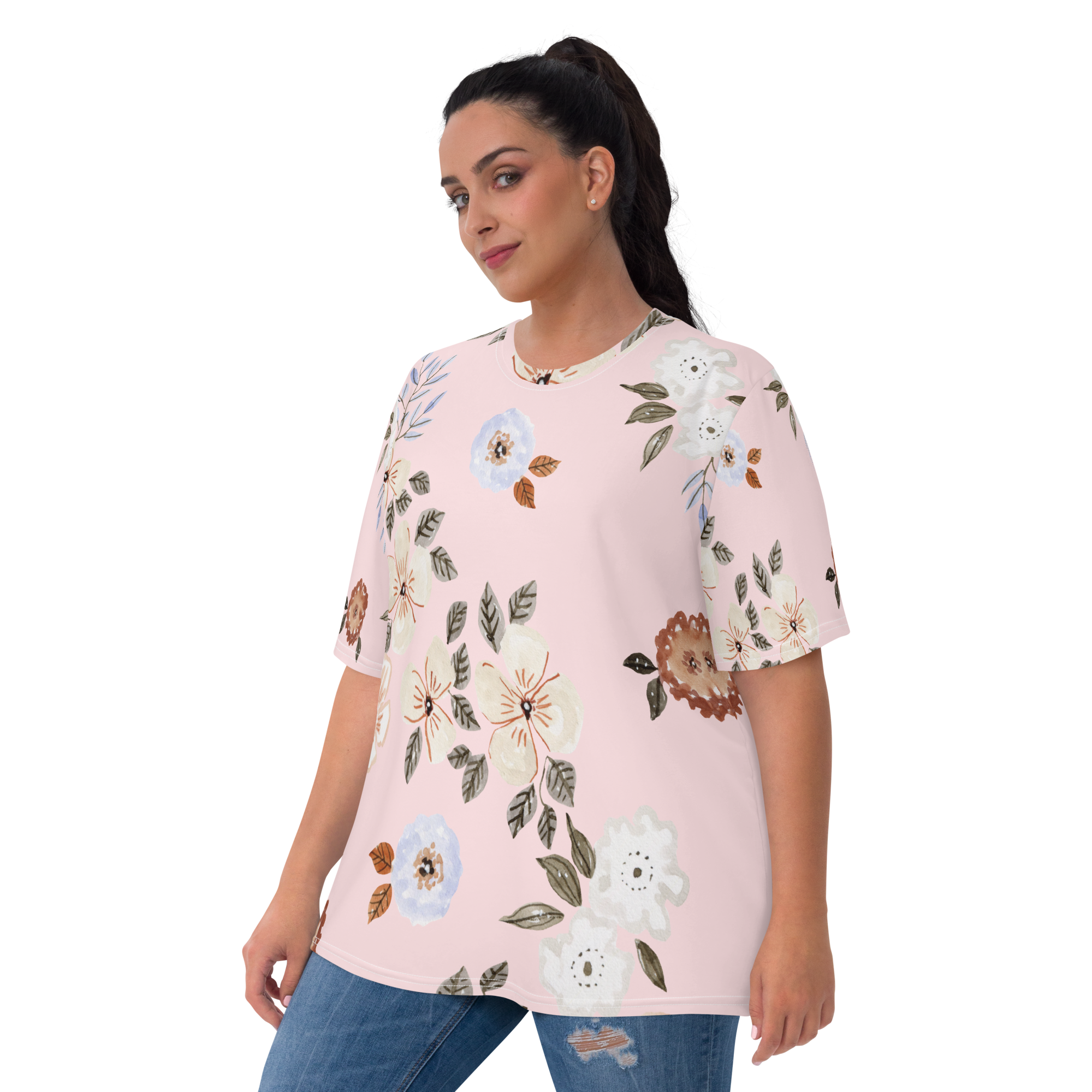 Blossom Enchantment: Women’s T-Shirt with Captivating Flower Pattern